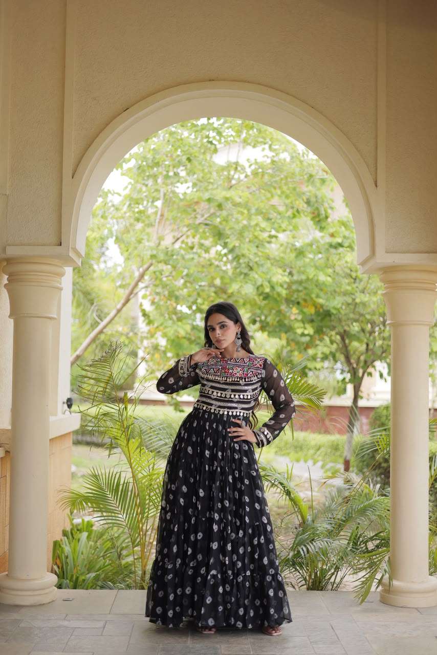 DESIGNER NAVRATRI WEAR FAUX GEORGETTE KUTCHI WORK BLACK PRINTED NAVRATRI ANARKALI KURTI KU 1277 F