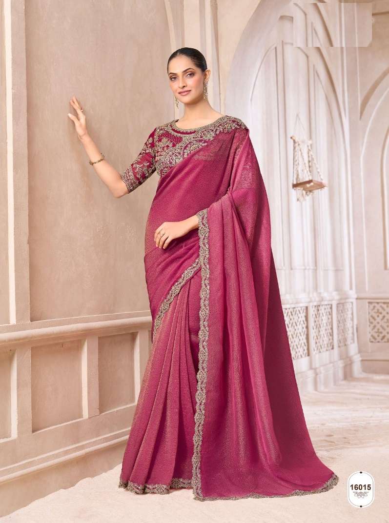 DESIGNER WEDDING PARTY WEAR FANCY DEEP PINK CHIFFON SAREE WITH HEAVY BLOUSE SM ANMOL 16015