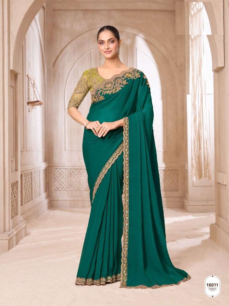 DESIGNER WEDDING PARTY WEAR FANCY GREEN CHIFFON SAREE WITH HEAVY BLOUSE SM ANMOL 16011