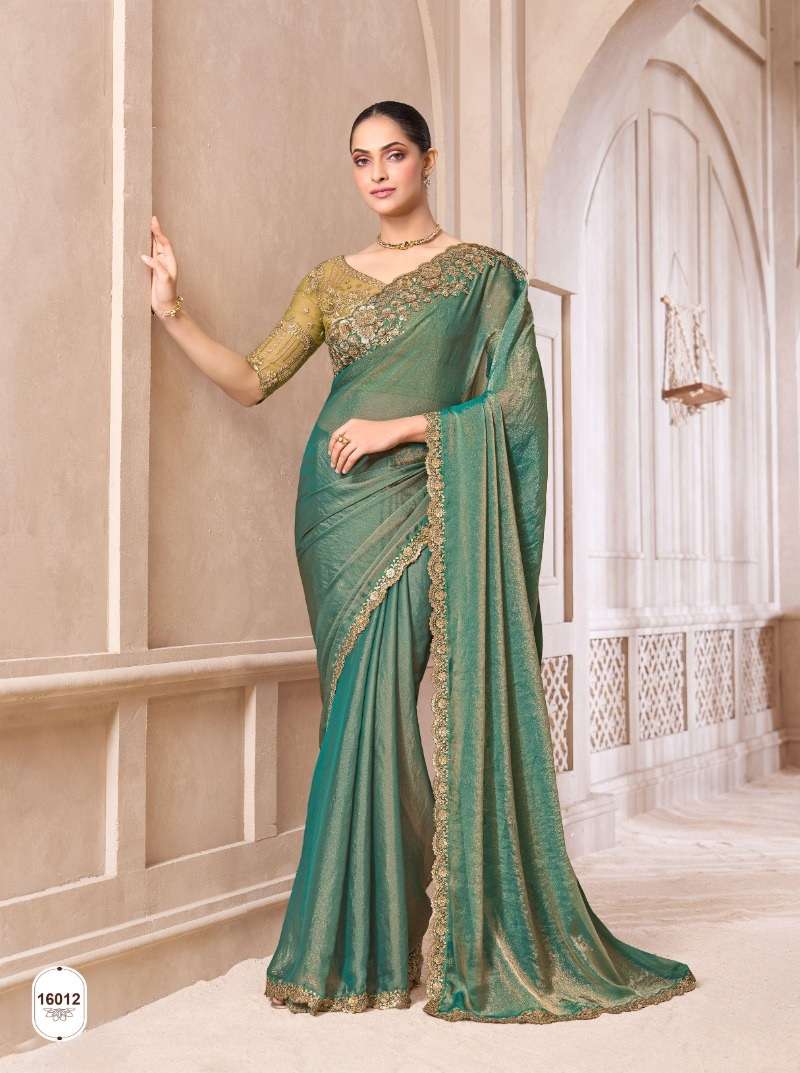 DESIGNER WEDDING PARTY WEAR FANCY GREEN CHIFFON SAREE WITH HEAVY BLOUSE SM ANMOL 16012