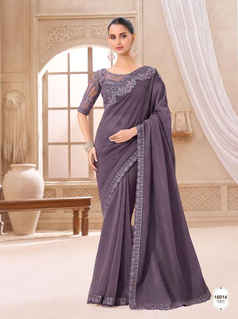DESIGNER WEDDING PARTY WEAR FANCY LAVENDER CHIFFON SAREE WITH HEAVY BLOUSE SM ANMOL 16014