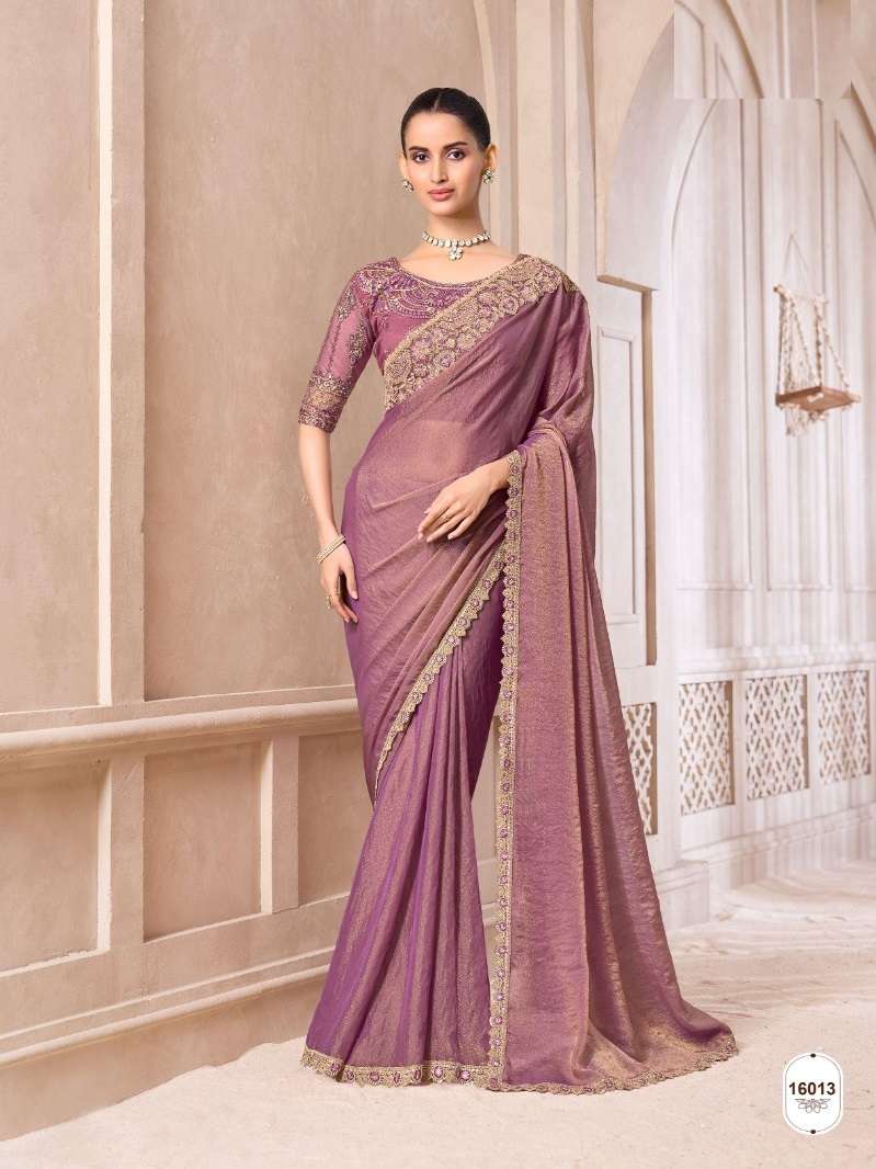 DESIGNER WEDDING PARTY WEAR FANCY PINK CHIFFON SAREE WITH HEAVY BLOUSE SM ANMOL 16013