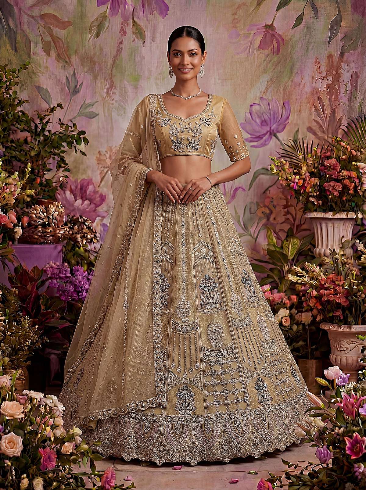 INDIAN DESIGNER BOLLYWOOD WEDDING PARTY WEAR CHIKU NET FABRIC LEHENGA AT WHOLESALE RATE DERIN SM KB 103