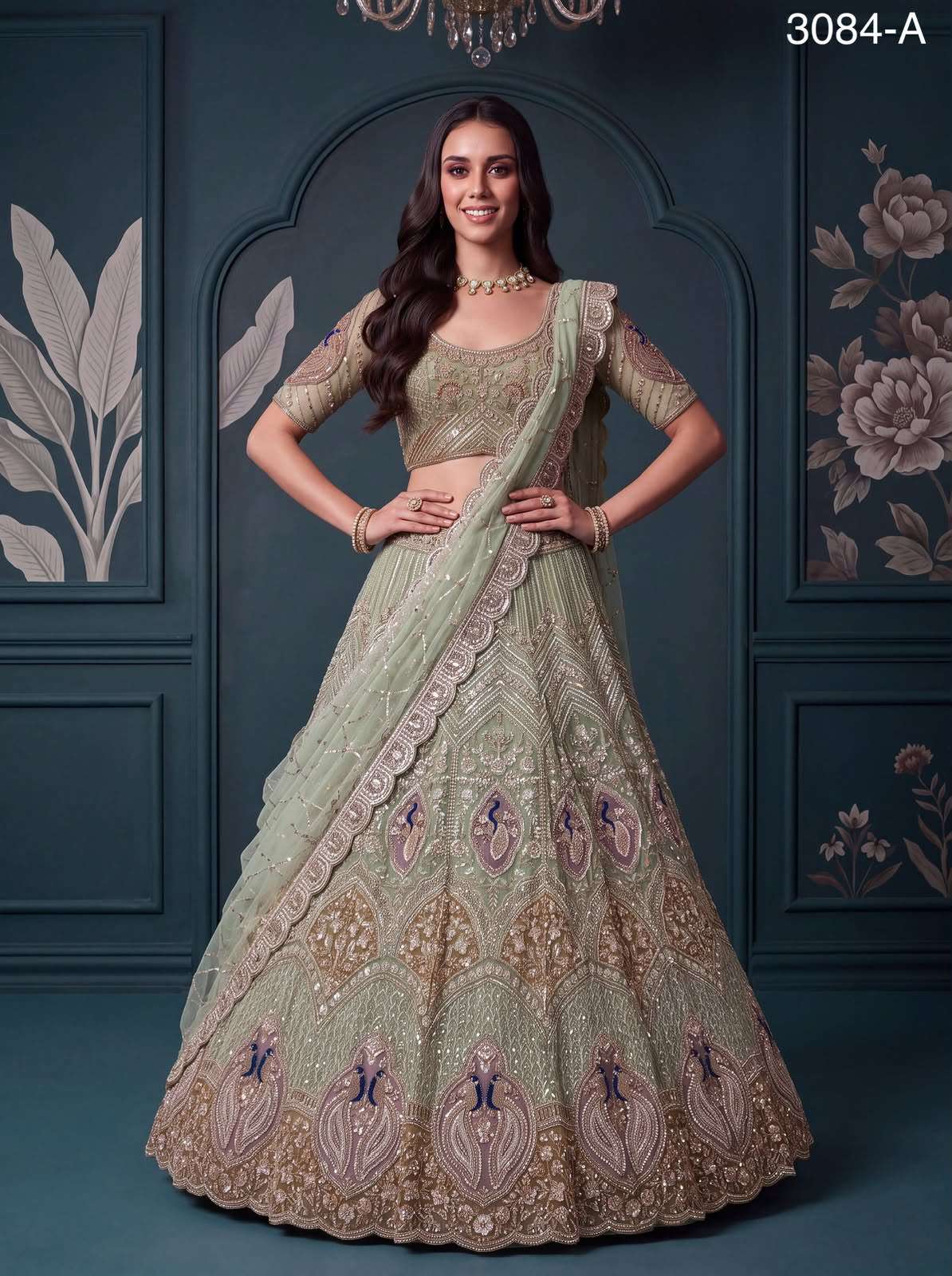INDIAN DESIGNER BOLLYWOOD WEDDING PARTY WEAR NET FABRIC HAND WORK BEADS PISTA GREEN LEHENGA KB SM PC 3084 A