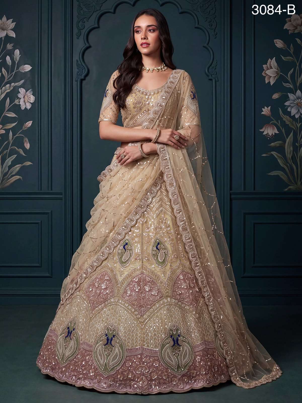 INDIAN DESIGNER BOLLYWOOD WEDDING PARTY WEAR NET FABRIC HAND WORK BEADS CHIKU LEHENGA KB SM PC 3084 B