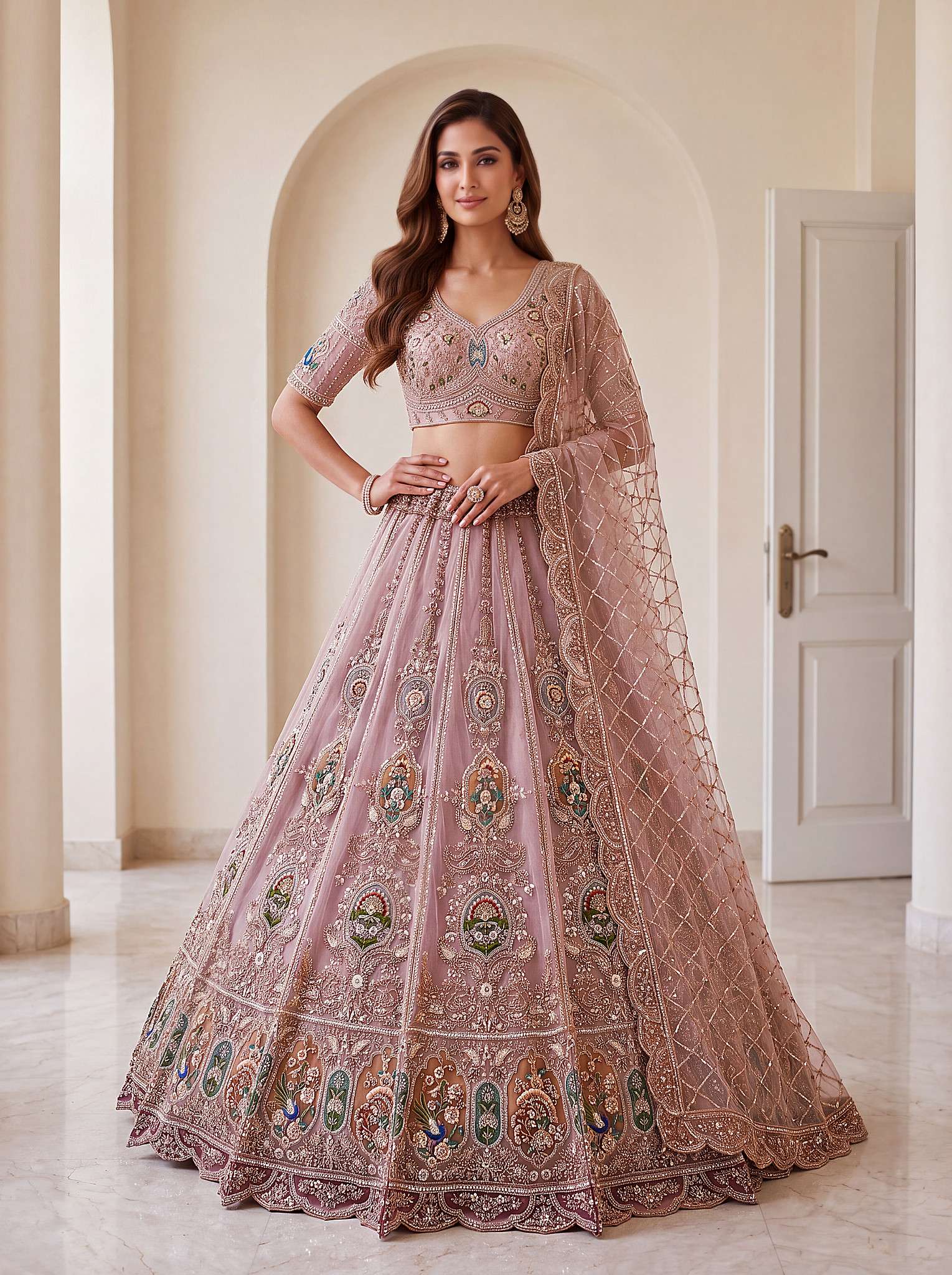 INDIAN DESIGNER BOLLYWOOD WEDDING PARTY WEAR NET FABRIC PINK LEHENGA AT WHOLESALE RATE DERIN SM PC 3083 A