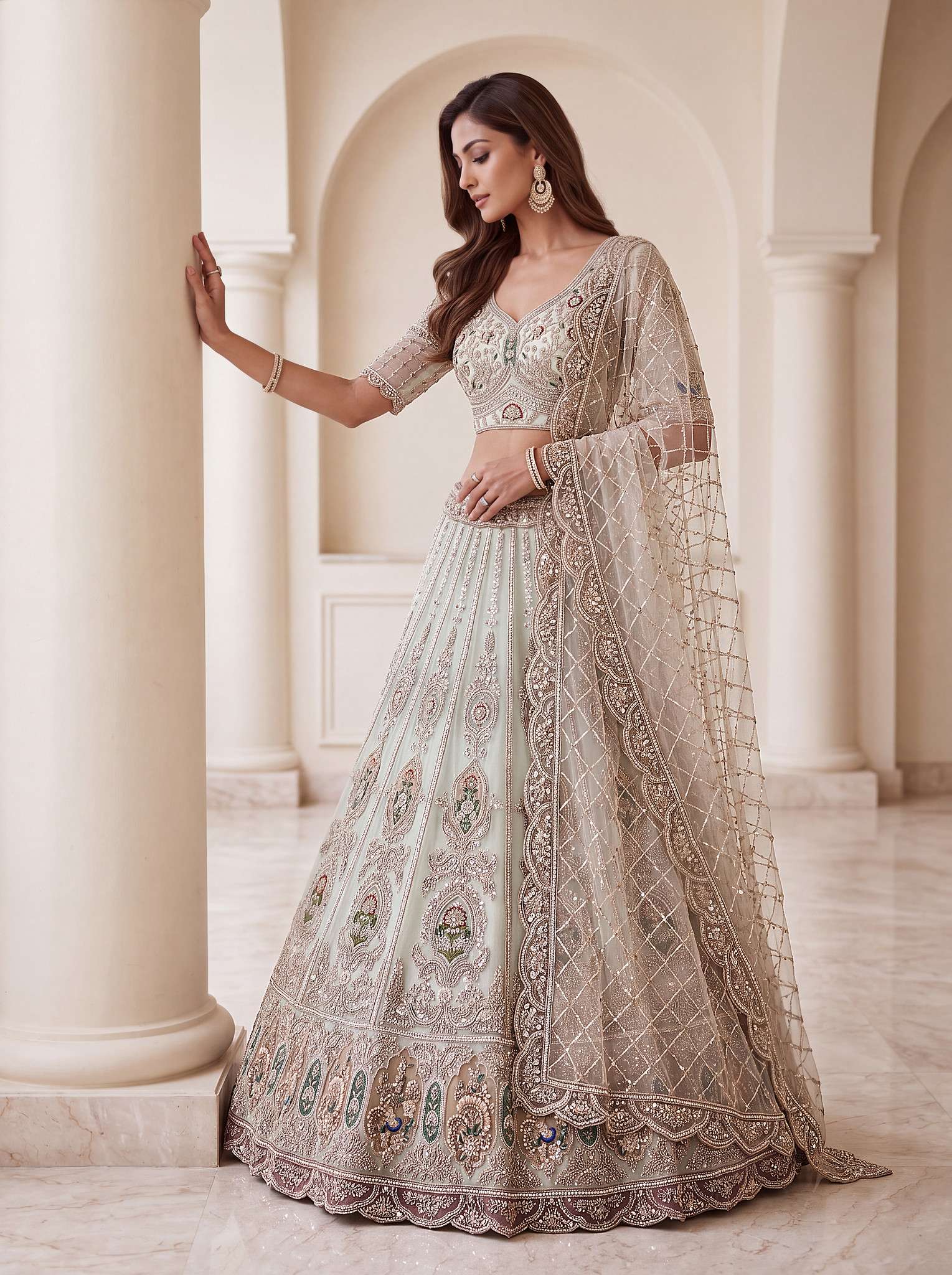 INDIAN DESIGNER BOLLYWOOD WEDDING PARTY WEAR NET FABRIC OFF WHITE LEHENGA AT WHOLESALE RATE DERIN SM PC 3083 B