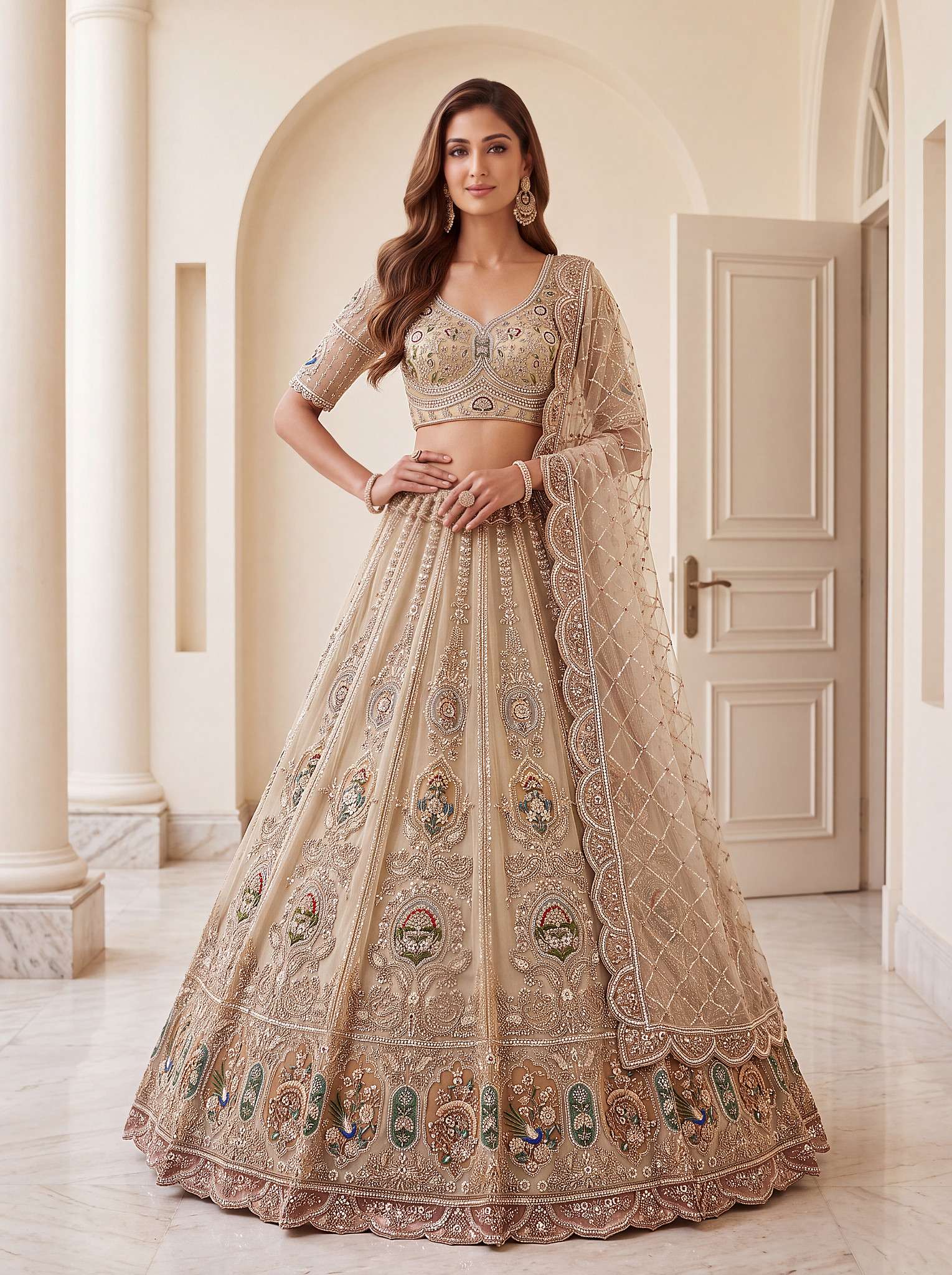 INDIAN DESIGNER BOLLYWOOD WEDDING PARTY WEAR NET FABRIC CHIKU LEHENGA AT WHOLESALE RATE DERIN SM PC 3083