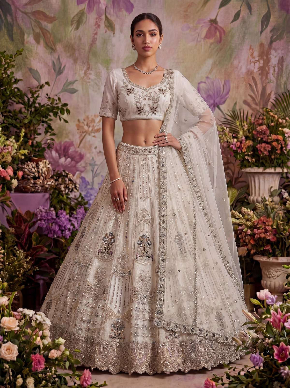 INDIAN DESIGNER BOLLYWOOD WEDDING PARTY WEAR WHITE NET FABRIC LEHENGA AT WHOLESALE RATE DERIN SM KB 104
