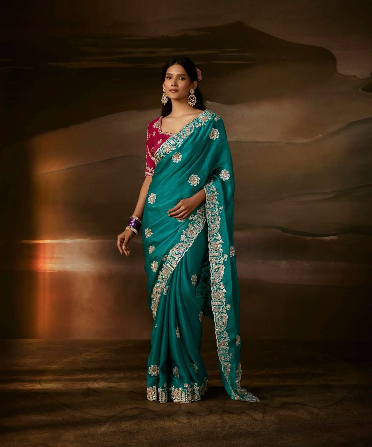 DESIGNER FANCY WEDDING PARTY WEAR ORGANZA SILK BLUE SAREE COLLECTION SM KM 5730
