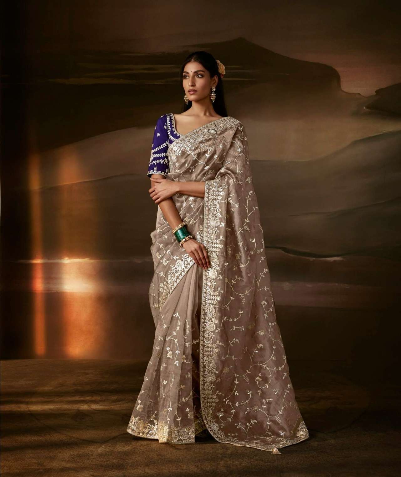 DESIGNER FANCY WEDDING PARTY WEAR ORGANZA SILK CHIKU SAREE COLLECTION SM KM 5731