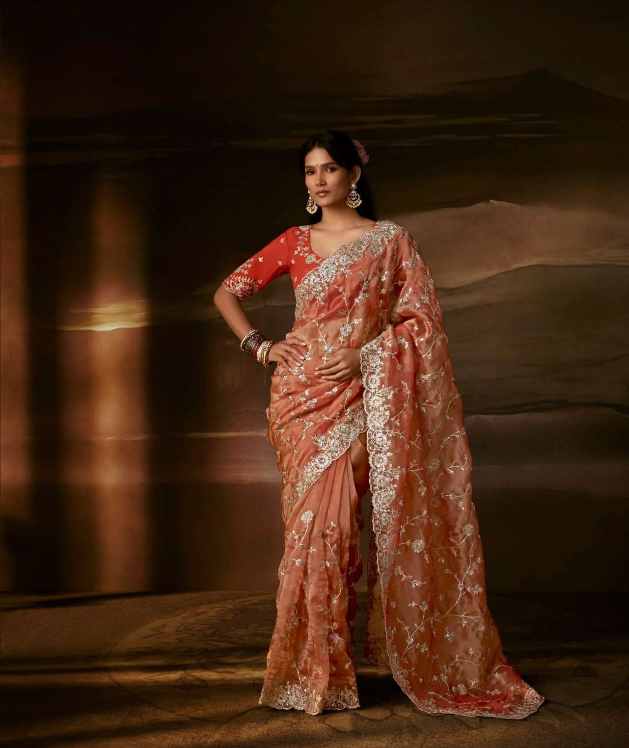 DESIGNER FANCY WEDDING PARTY WEAR ORGANZA SILK ORANGE SAREE COLLECTION SM KM 5729