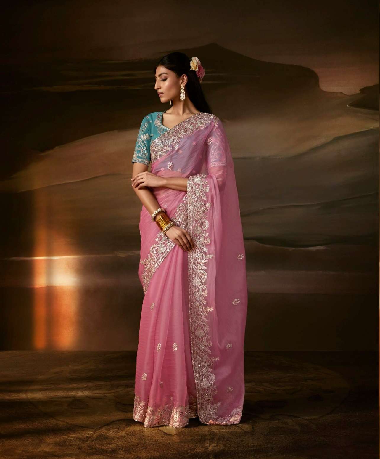 DESIGNER FANCY WEDDING PARTY WEAR ORGANZA SILK PINK SAREE COLLECTION SM KM 5726