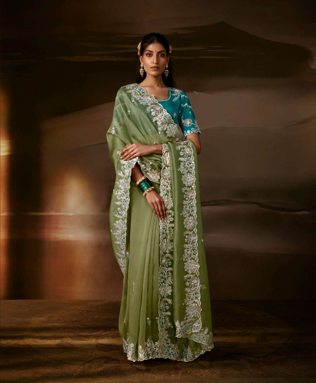 DESIGNER FANCY WEDDING PARTY WEAR ORGANZA SILK PISTA GREEN SAREE COLLECTION SM KM 5723