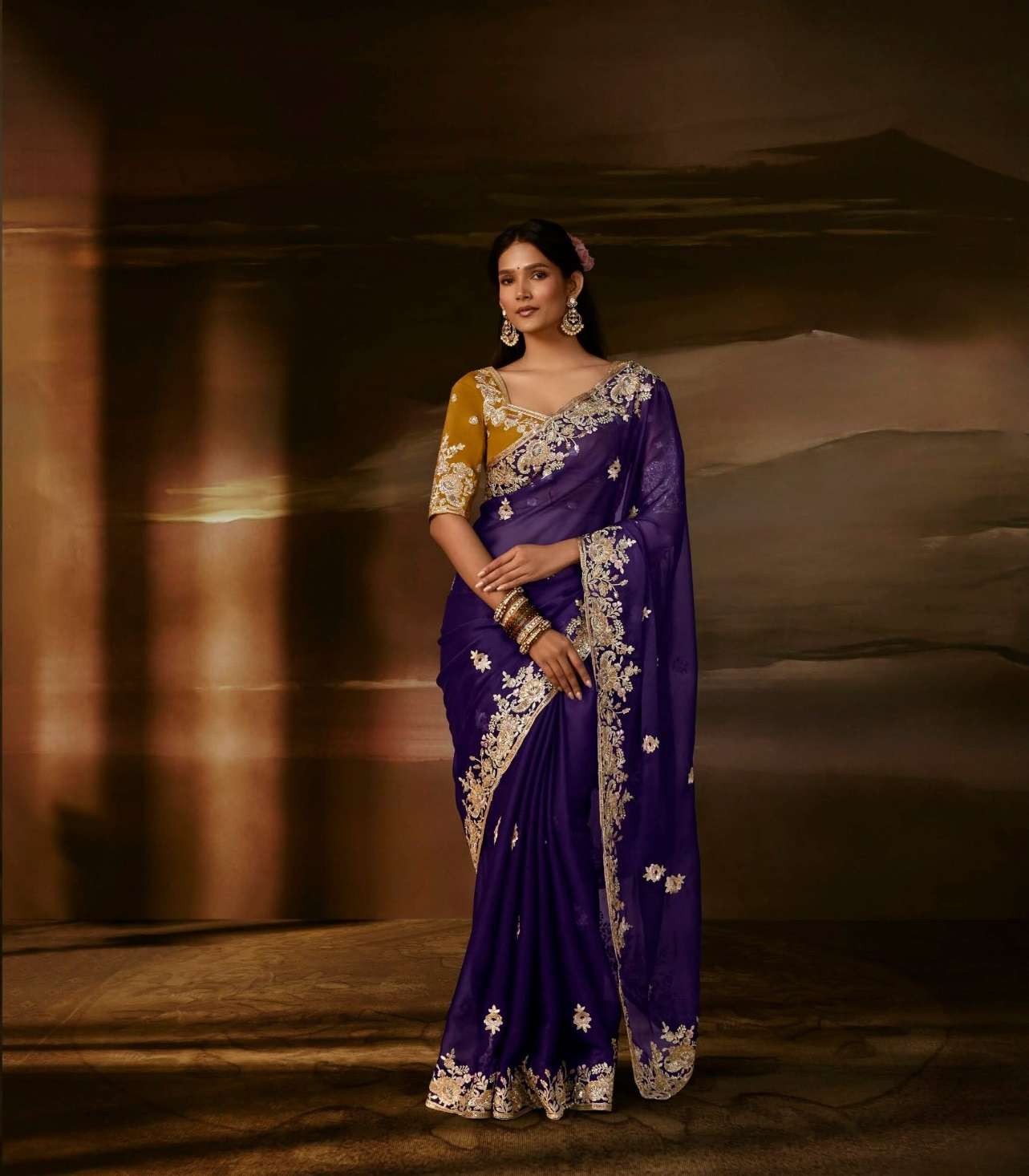 DESIGNER FANCY WEDDING PARTY WEAR ORGANZA SILK PURPLE SAREE COLLECTION SM KM 5725