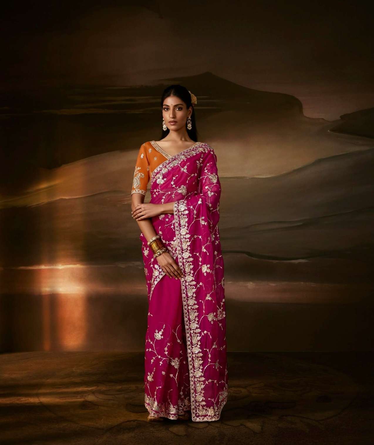 DESIGNER FANCY WEDDING PARTY WEAR ORGANZA SILK RANI PINK SAREE COLLECTION SM KM 5722