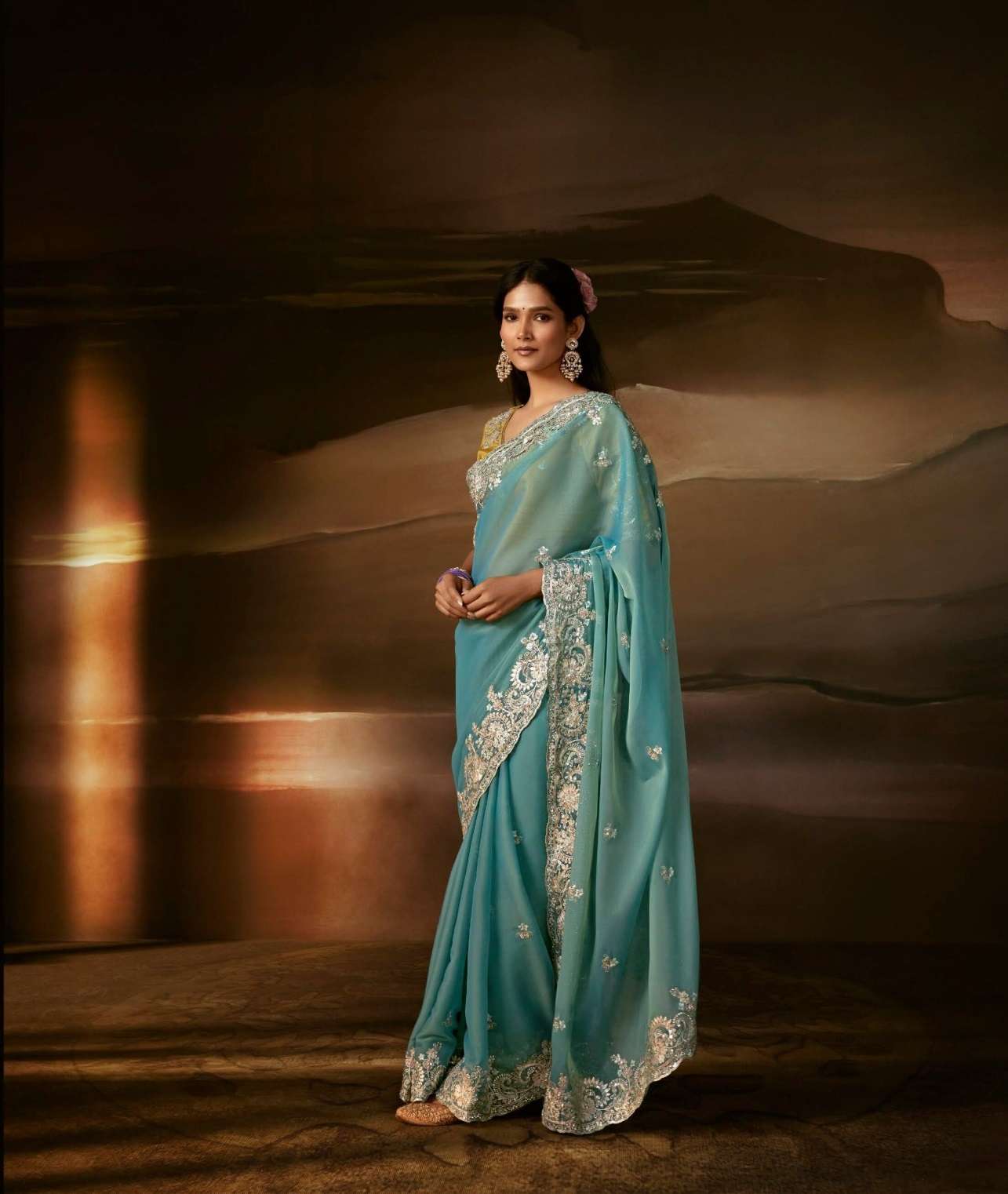 DESIGNER FANCY WEDDING PARTY WEAR ORGANZA SILK SKY BLUE SAREE COLLECTION SM KM 5721