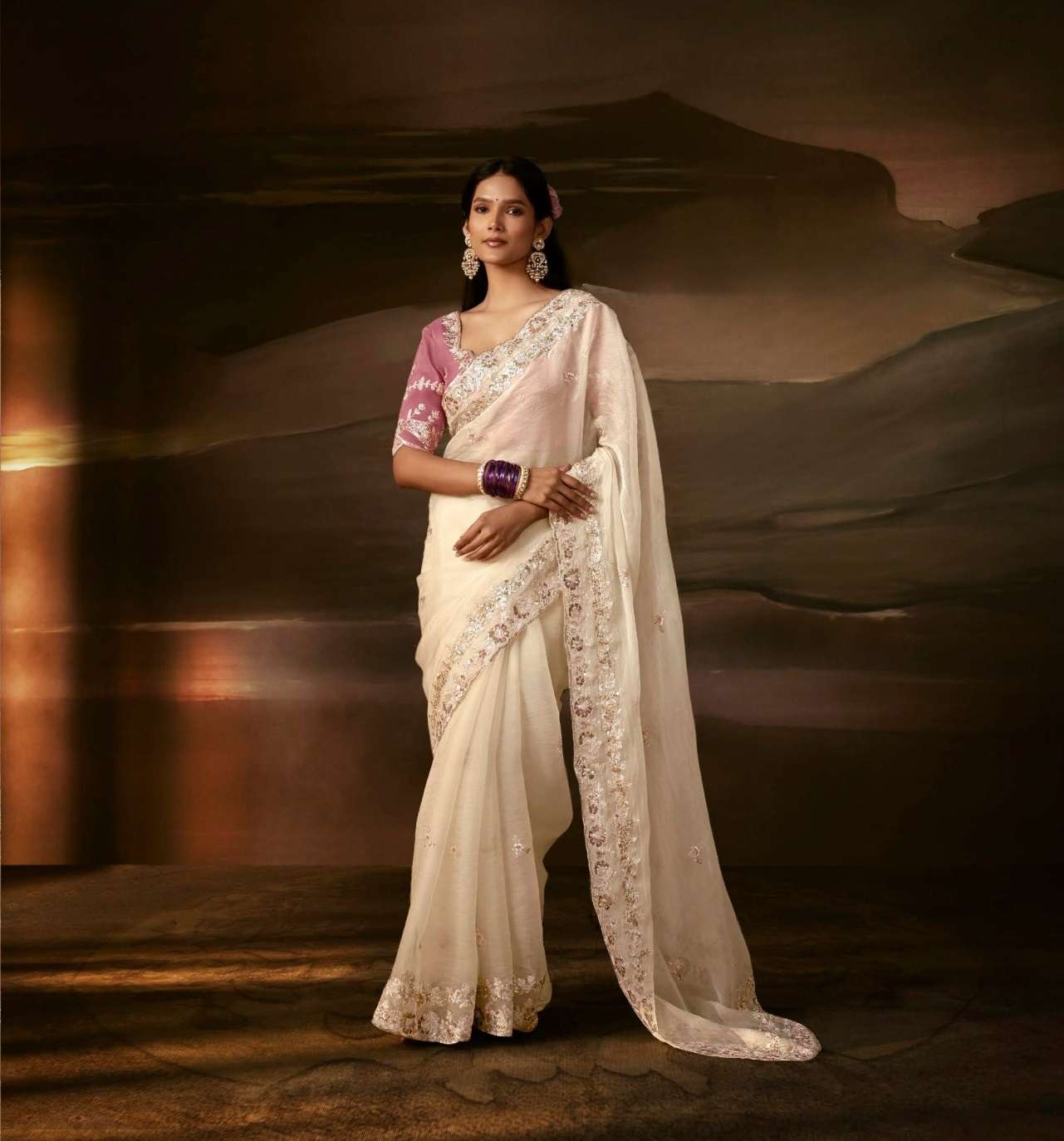 DESIGNER FANCY WEDDING PARTY WEAR ORGANZA SILK WHITE SAREE COLLECTION SM KM 5727