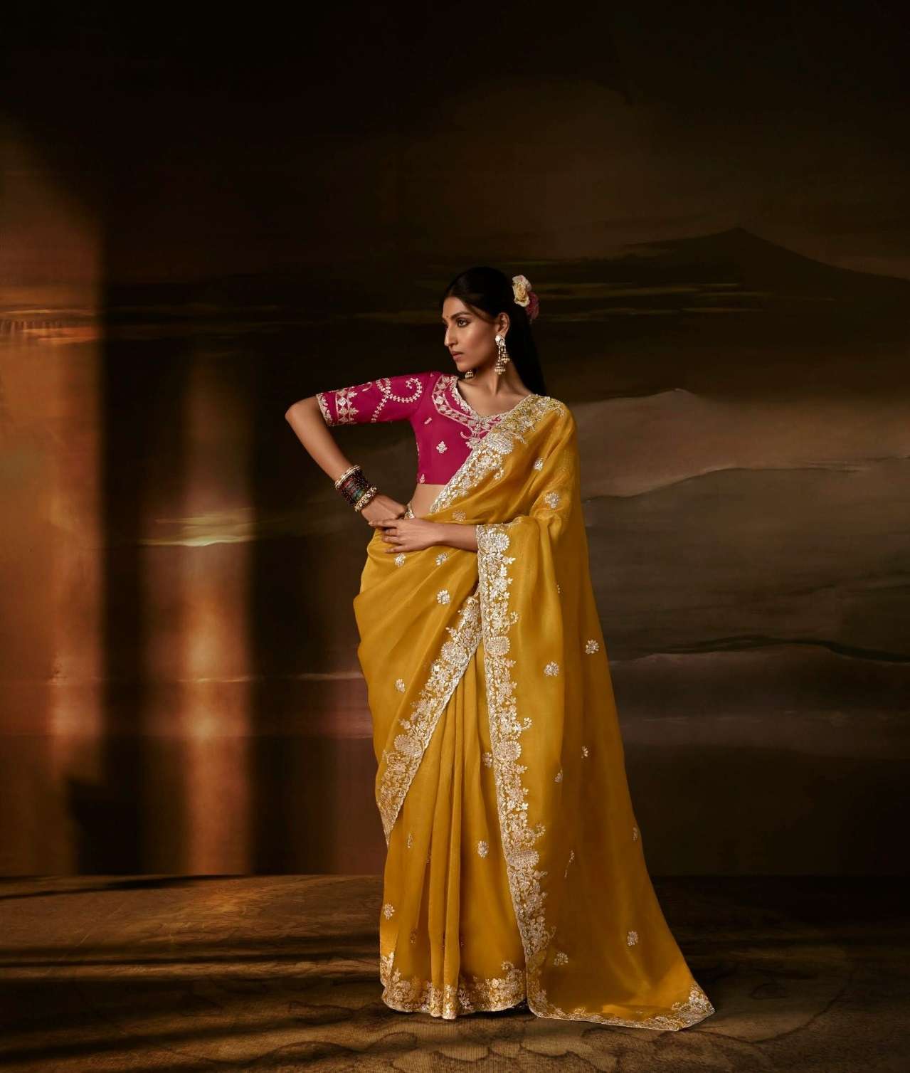DESIGNER FANCY WEDDING PARTY WEAR ORGANZA SILK YELLOW SAREE COLLECTION SM KM 5724
