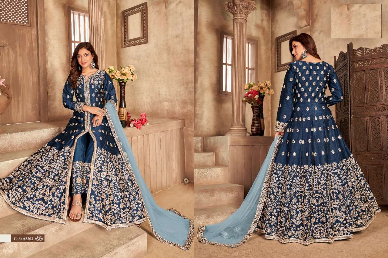 DESIGNER WEDDING PARTY WEAR ART SILK BLUE ANARKALI SALWAR SUIT GOWN ANY 3303