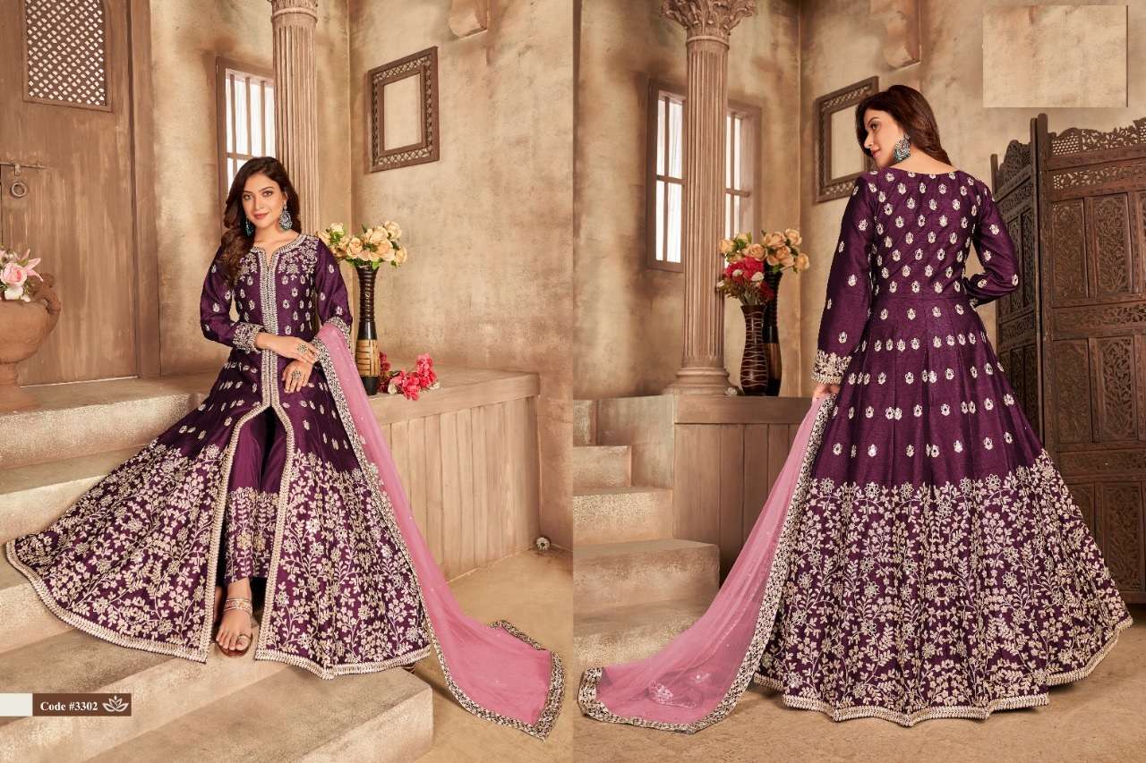 DESIGNER WEDDING PARTY WEAR ART SILK PURPLE ANARKALI SALWAR SUIT GOWN ANY 3302