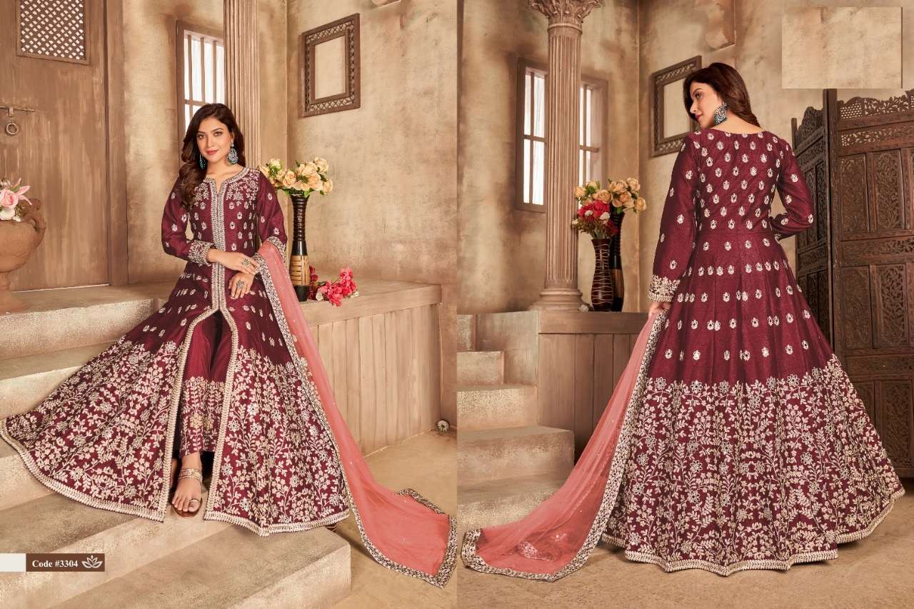 DESIGNER WEDDING PARTY WEAR ART SILK RED ANARKALI SALWAR SUIT GOWN ANY 3304