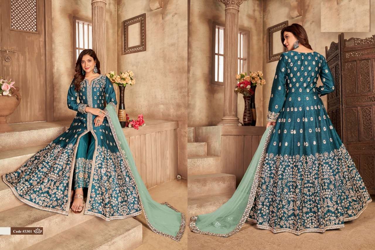 DESIGNER WEDDING PARTY WEAR ART SILK TEAL BLUE ANARKALI SALWAR SUIT GOWN ANY 3301