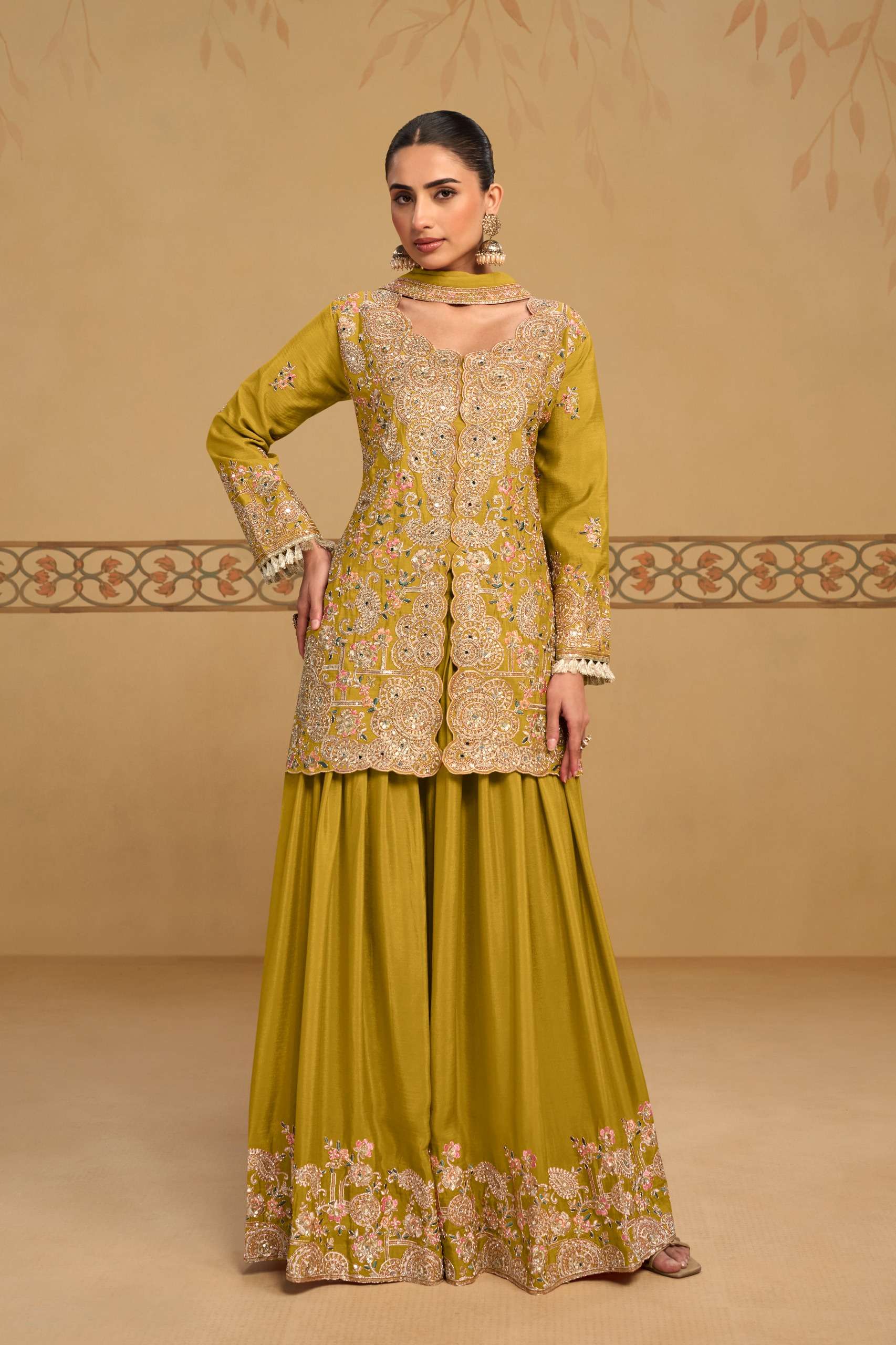 DESIGNER WEDDING PARTY WEAR REAL CHINON MUSTURD YELLOW SHARARA SALWAR SUIT GL PANGHAT 7713 B