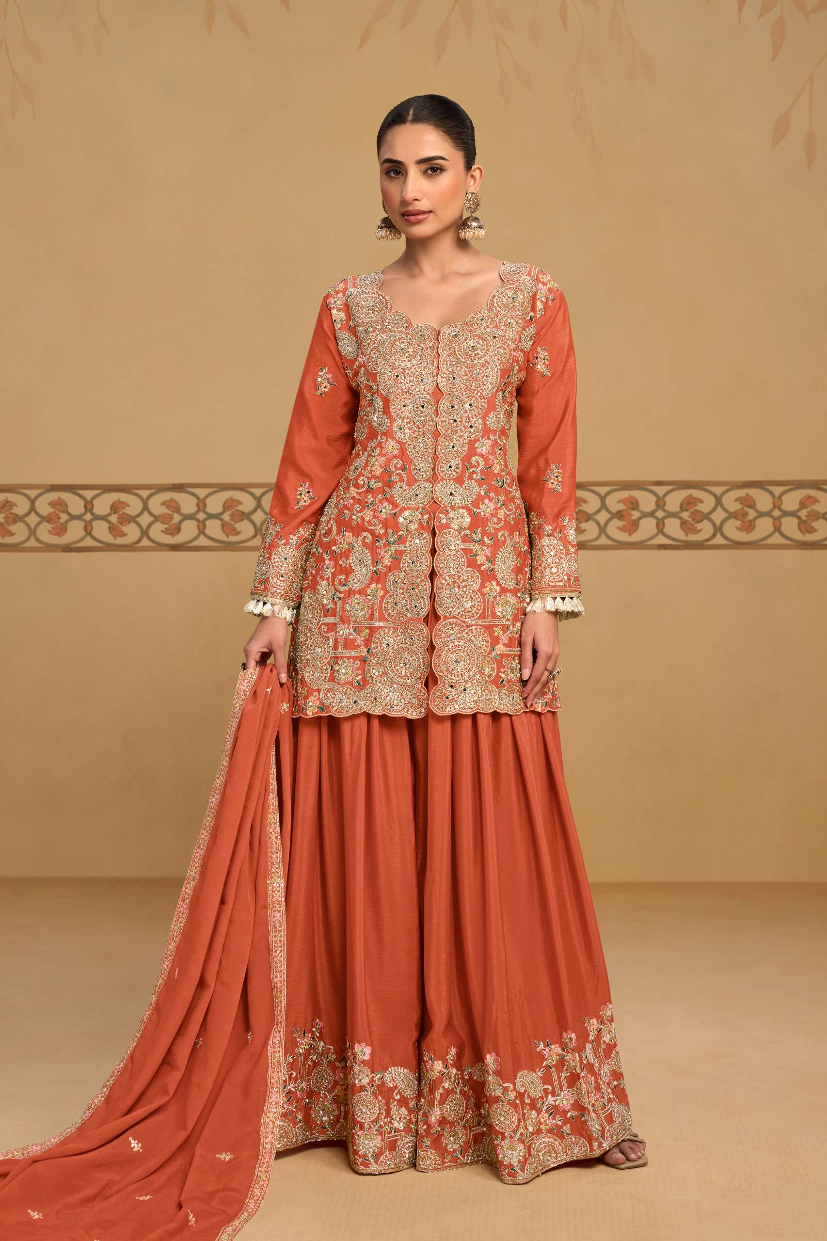DESIGNER WEDDING PARTY WEAR REAL CHINON ORANGE SHARARA SALWAR SUIT GL PANGHAT 7713 C