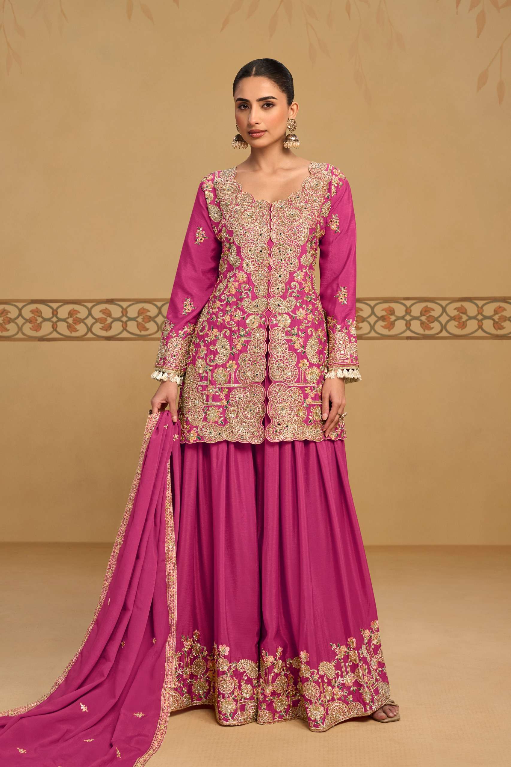 DESIGNER WEDDING PARTY WEAR REAL CHINON PINK SHARARA SALWAR SUIT GL PANGHAT 7713 A