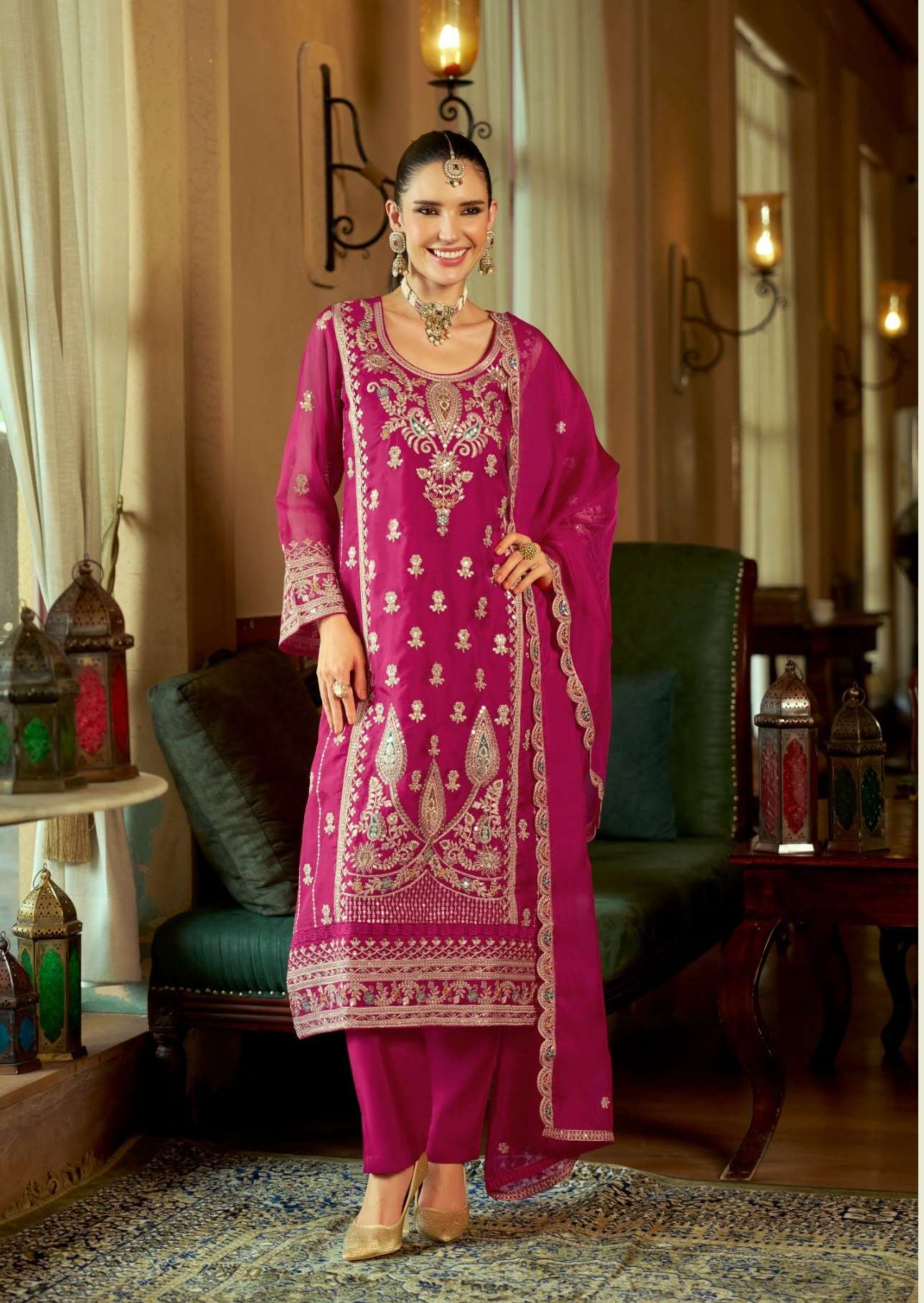 DESIGNER WEDDING PARTY WEAR SOFT ORGANZA RANI PINK PAKISTANI SALWAR SUIT EBA AROMA 2443