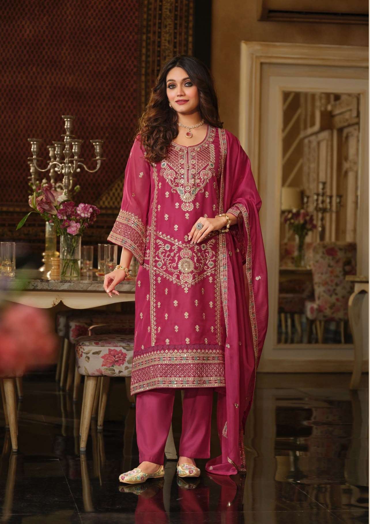 DESIGNER WEDDING PARTY WEAR SOFT ORGANZA RANI PINK PAKISTANI SALWAR SUIT EBA DASTUR 2463
