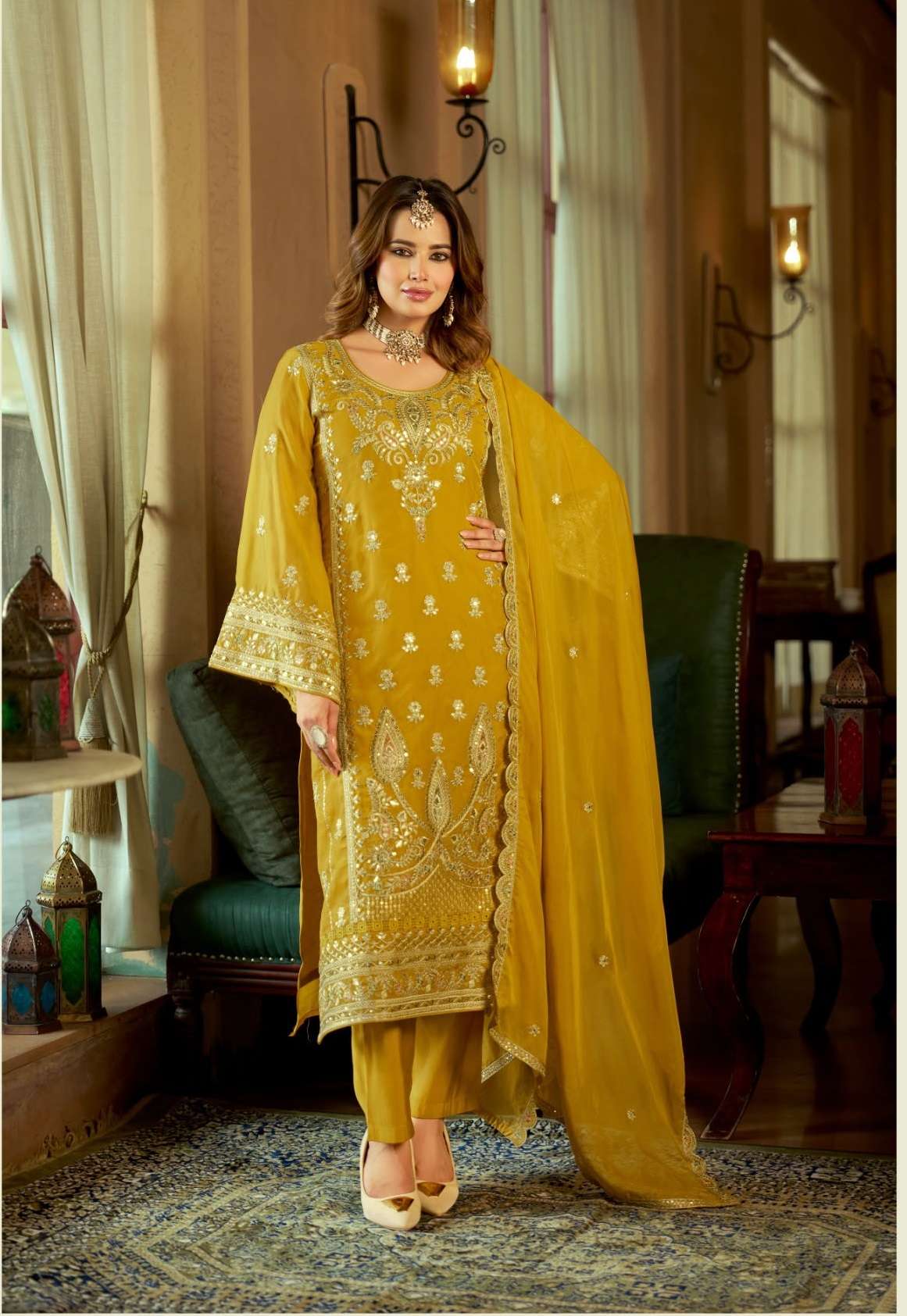 DESIGNER WEDDING PARTY WEAR SOFT ORGANZA YELLOW PAKISTANI SALWAR SUIT EBA AROMA 2441