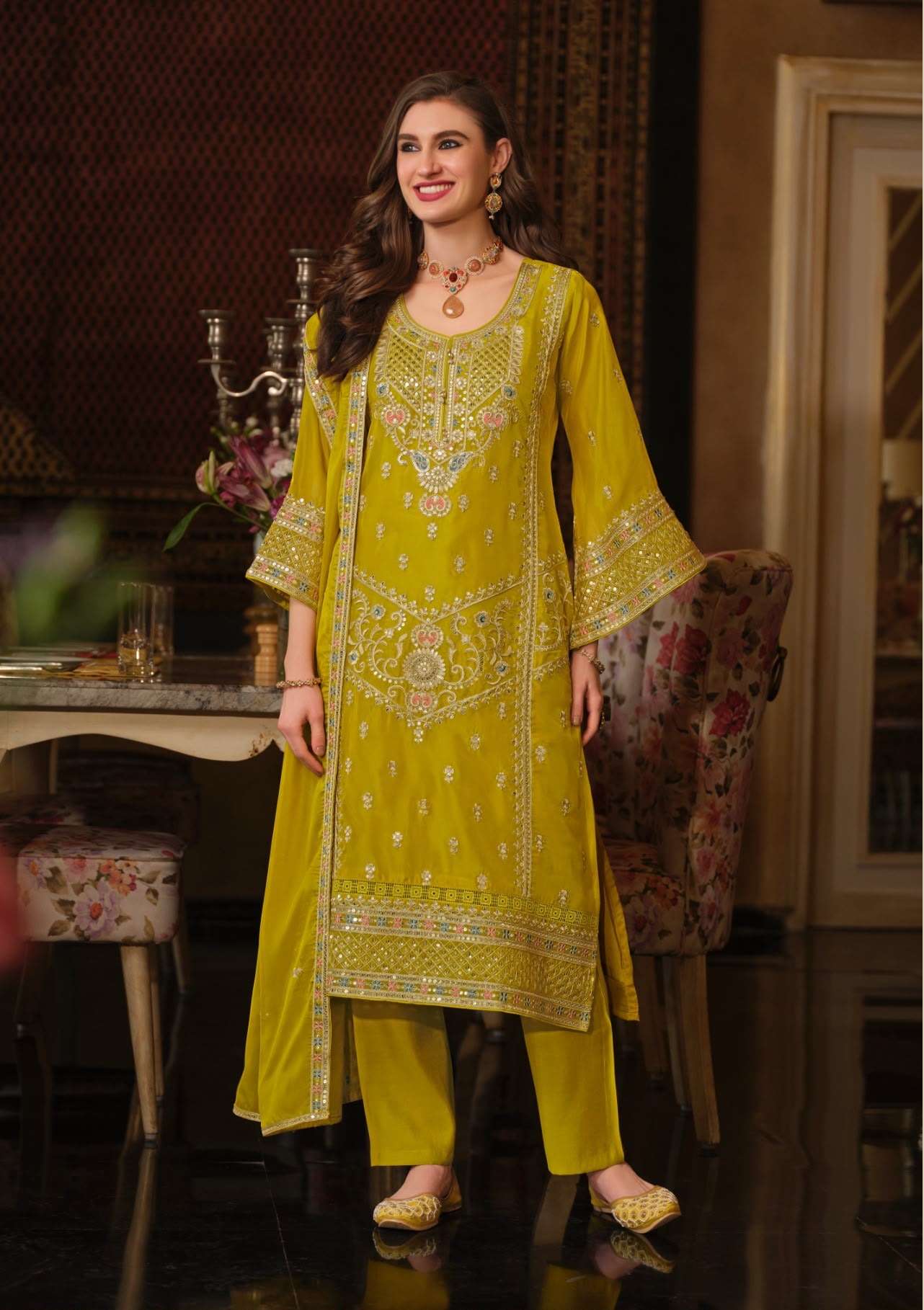 DESIGNER WEDDING PARTY WEAR SOFT ORGANZA YELLOW PAKISTANI SALWAR SUIT EBA DASTUR 2461