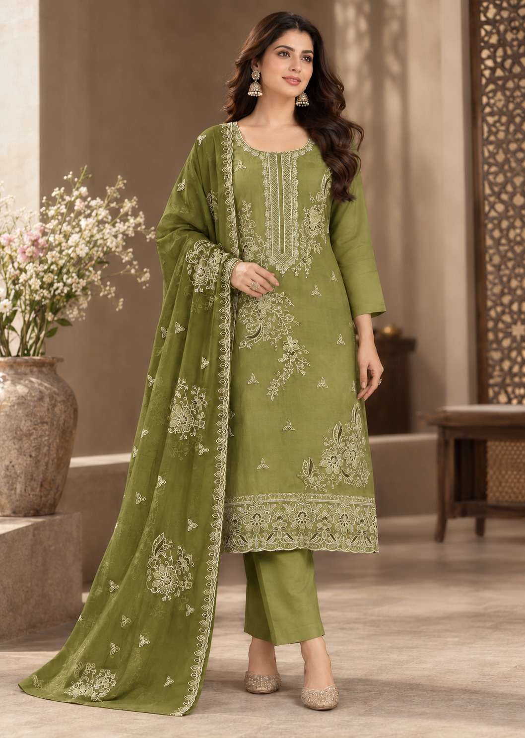 WINTER WEAR DESIGNER WEDDING PARTY WEAR VISCOUSE ORGANZA GREEN PAKISTANI SUIT JG 8102 A