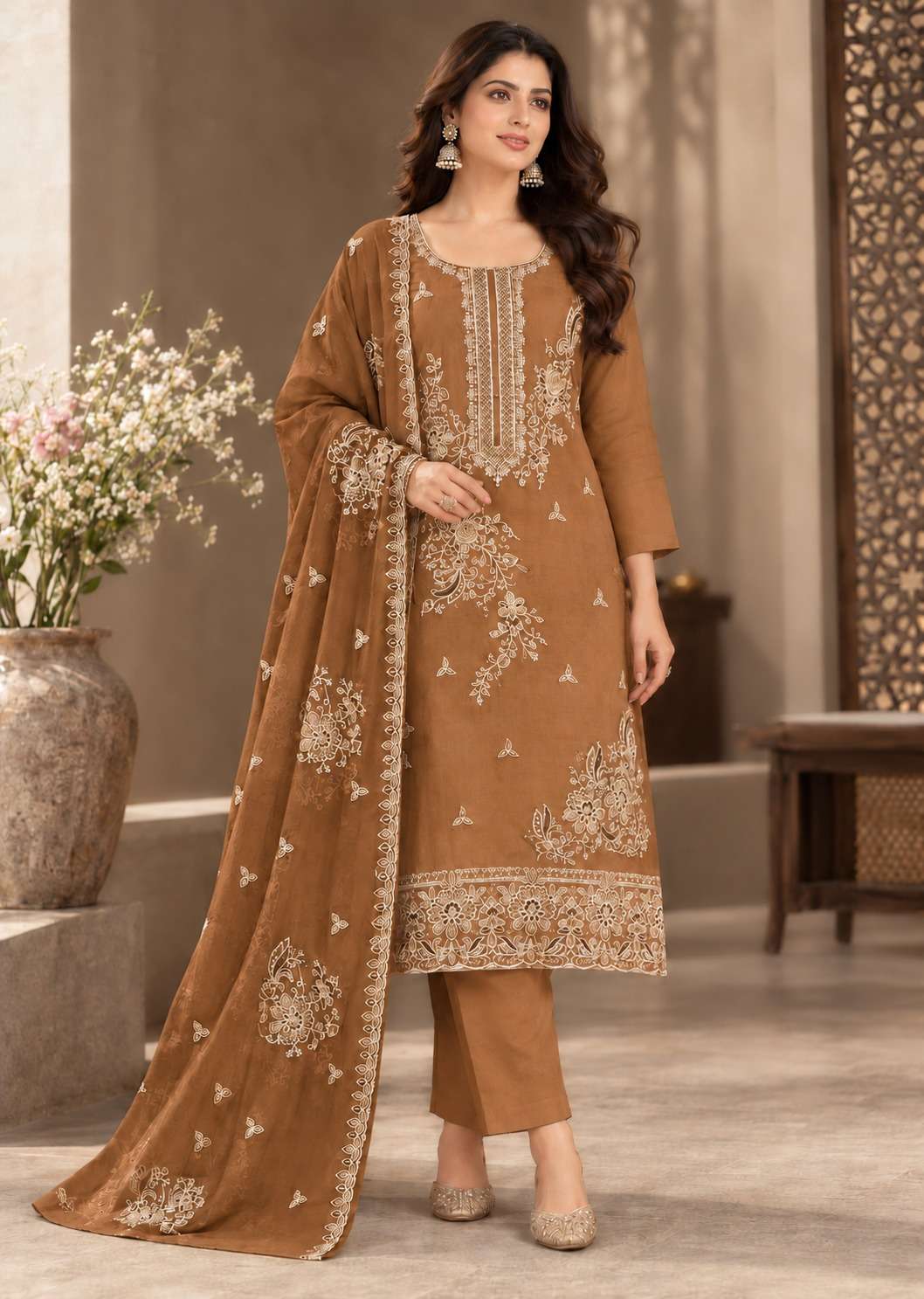 WINTER WEAR DESIGNER WEDDING PARTY WEAR VISCOUSE ORGANZA BROWN PAKISTANI SUIT JG 8102 B